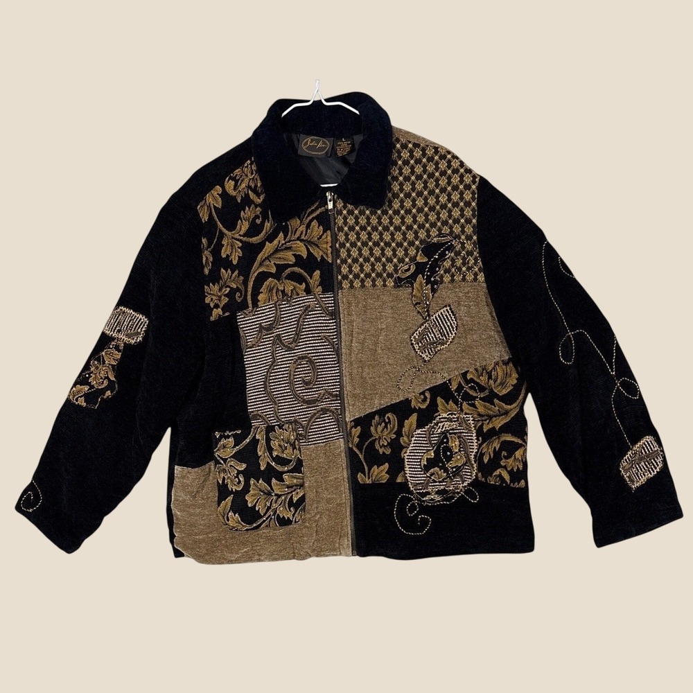 Julia Kin Patchwork Embroidered Beaded Zip Jacket Black Gold Art to Wear Large
